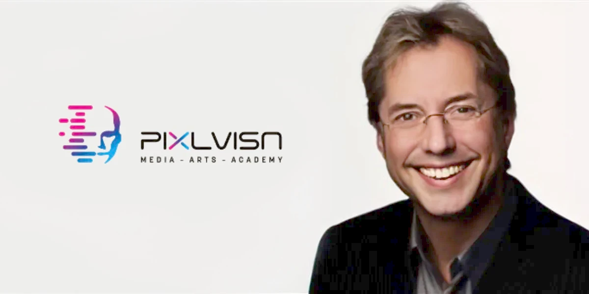 Porträt von Rolf Elsmann mit Logo der PIXL VISN Media Arts Academy
