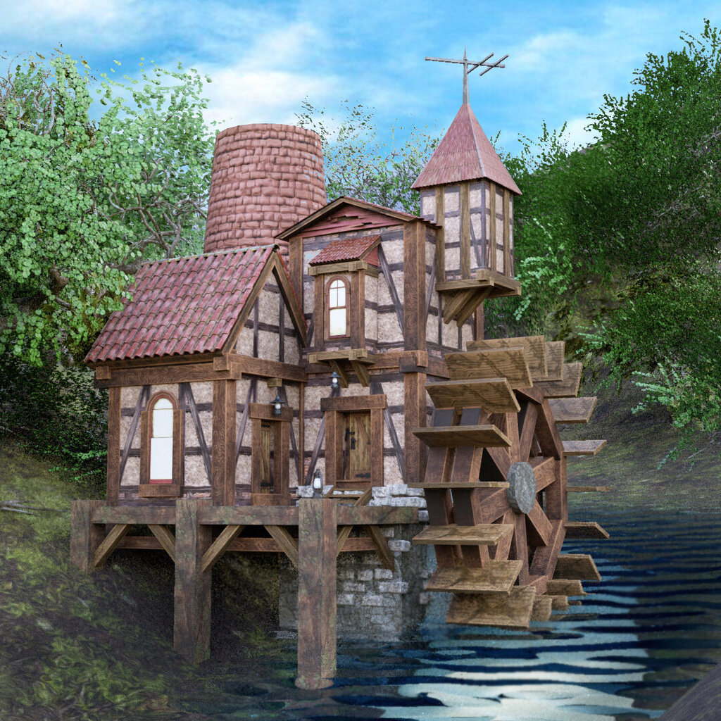 Ein charmantes Wassermühlenhaus mit Fachwerk und roten Ziegeldächern, das sich über einem kleinen Bach erstreckt. Die große hölzerne Mühlradkonstruktion ragt ins Wasser, während das Gebäude verschiedene Türmchen, Erker und einen gemauerten Schornstein aufweist. Umgeben ist das Haus von grasbewachsenen Hügeln und dichten, knorrigen Bäumen. Eine Antenne auf dem Dach sorgt für einen humorvollen Kontrast zur mittelalterlich-fantastischen Ästhetik.
