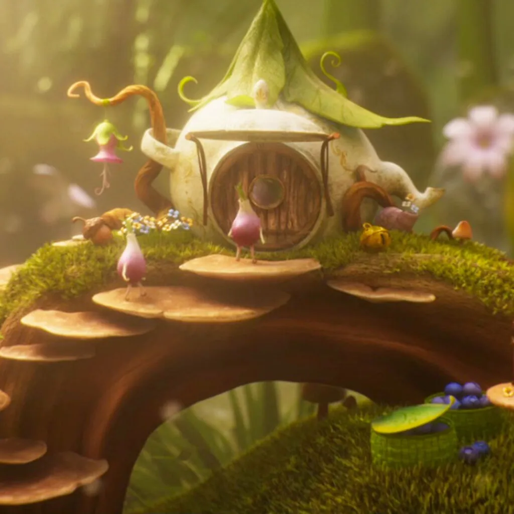 Whimsical 3D environment: a tiny cottage with a leaf roof on a mossy branch, surrounded by mushrooms and blossoms.