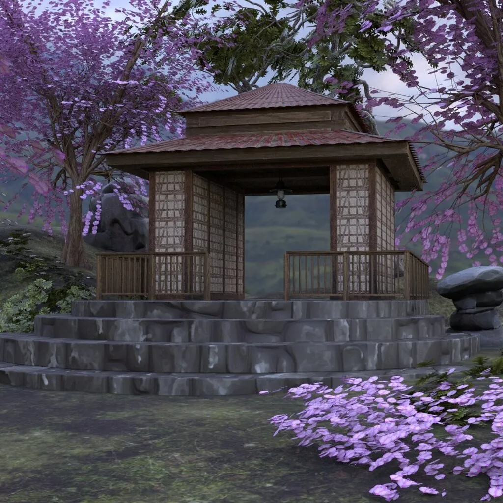 A stylized pavilion with wooden railings and a hanging lantern stands atop a stone platform in a picturesque landscape. The scene is surrounded by vibrant purple flowering trees and rocks, evoking a peaceful, East Asian-inspired ambiance.