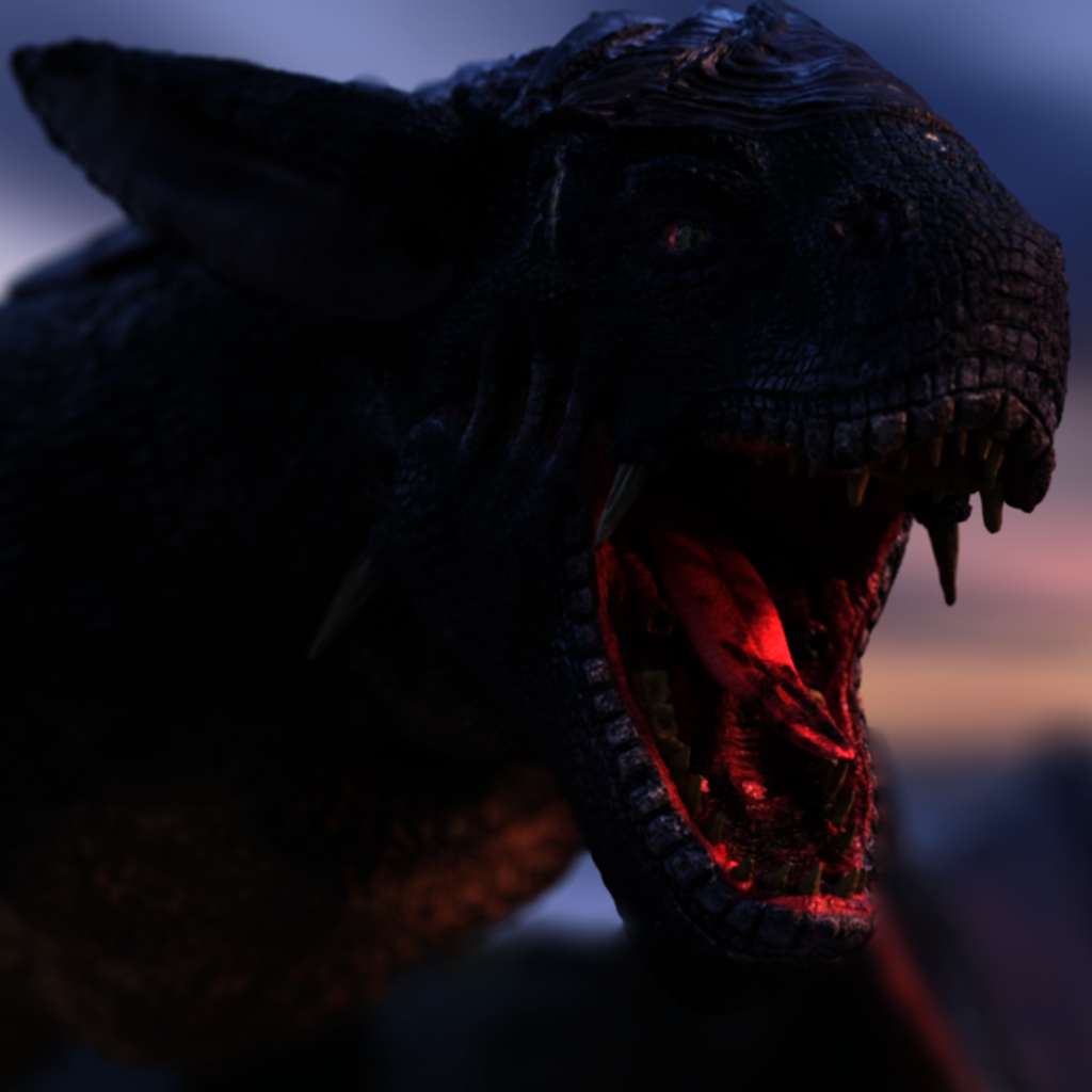 A powerful 3D dragon with its mouth wide open and razor-sharp teeth, highly detailed for creature design in visual effects.