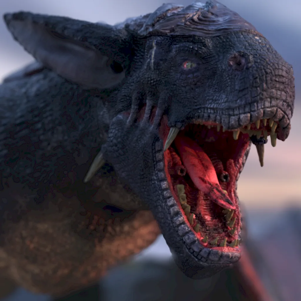 Ein imposanter 3D-Drache mit geöffneter Schnauze und messerscharfen Zähnen, detailreich texturiert für Creature Design in Visual Effects.