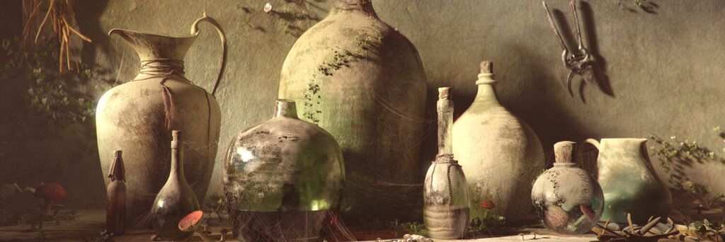 Hochrealistisches 3D-Stillleben mit alten Flaschen, Glaskrügen und Krügen in einer staubigen, mit Pflanzen bewachsenen Umgebung