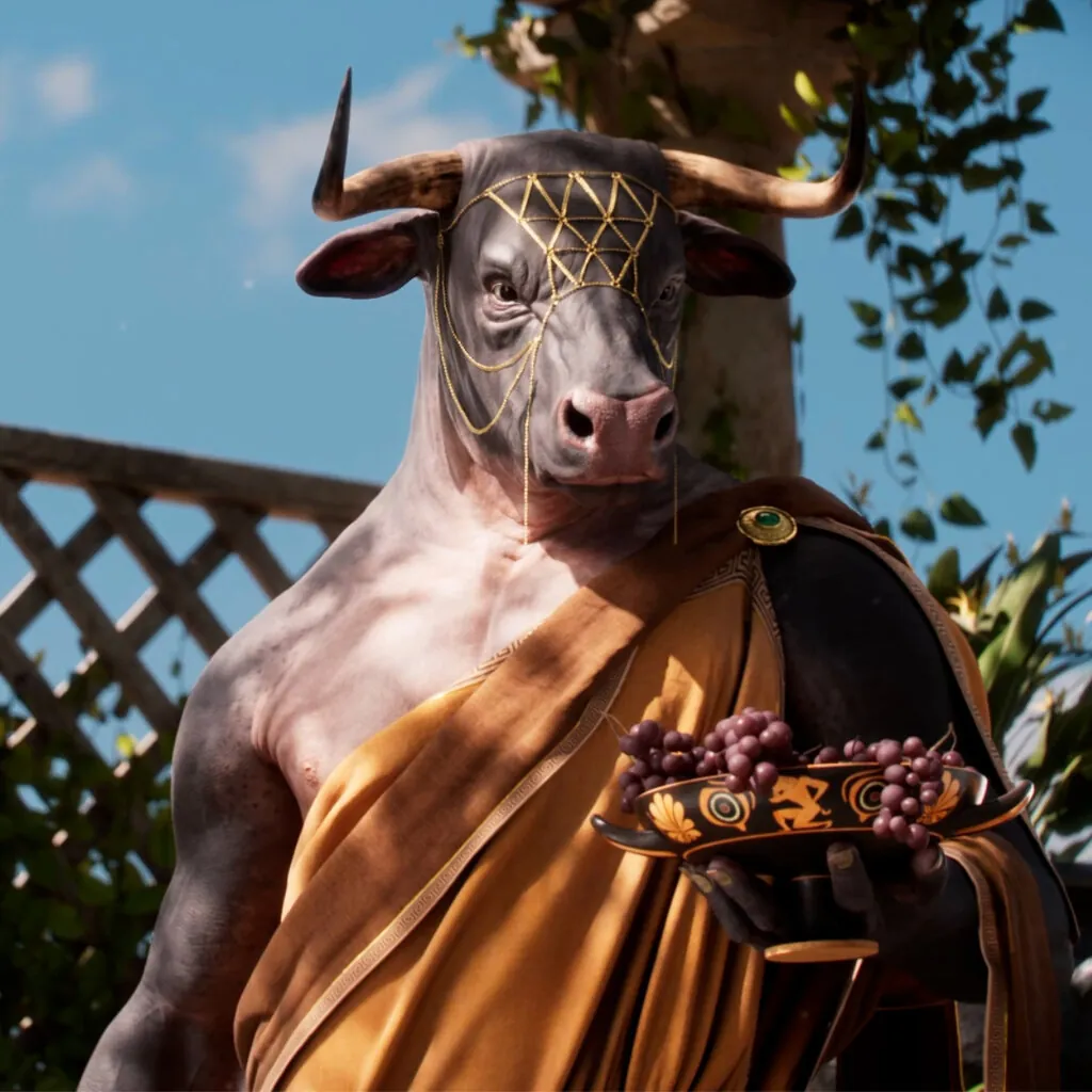 Ein 3D-gerenderter Minotaurus mit goldener Gesichtsverzierung und antikem Gewand hält eine verzierte Schale mit Weintrauben in mediterranem Ambiente.
