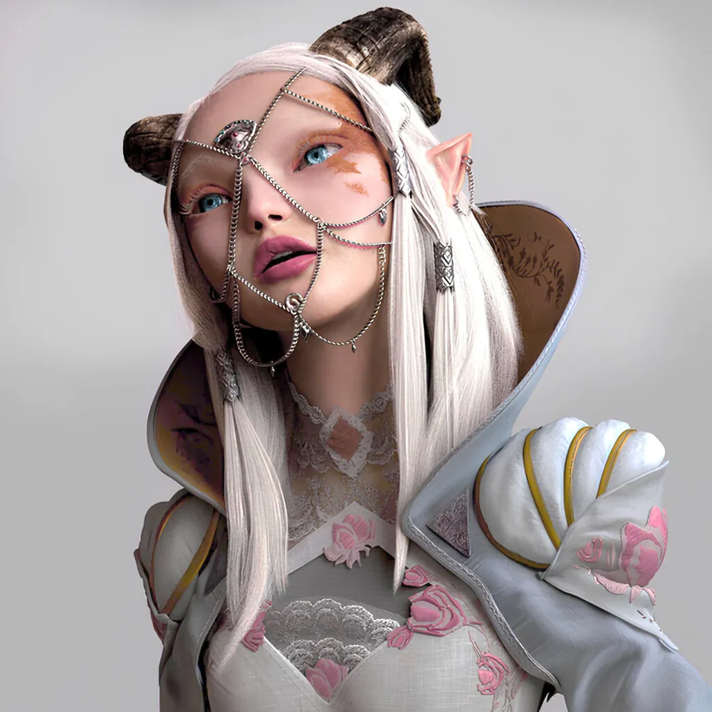 3D-Charakter einer eleganten, elfengleichen Frau mit Hörnern, weißem Haar und filigranem Silberschmuck.