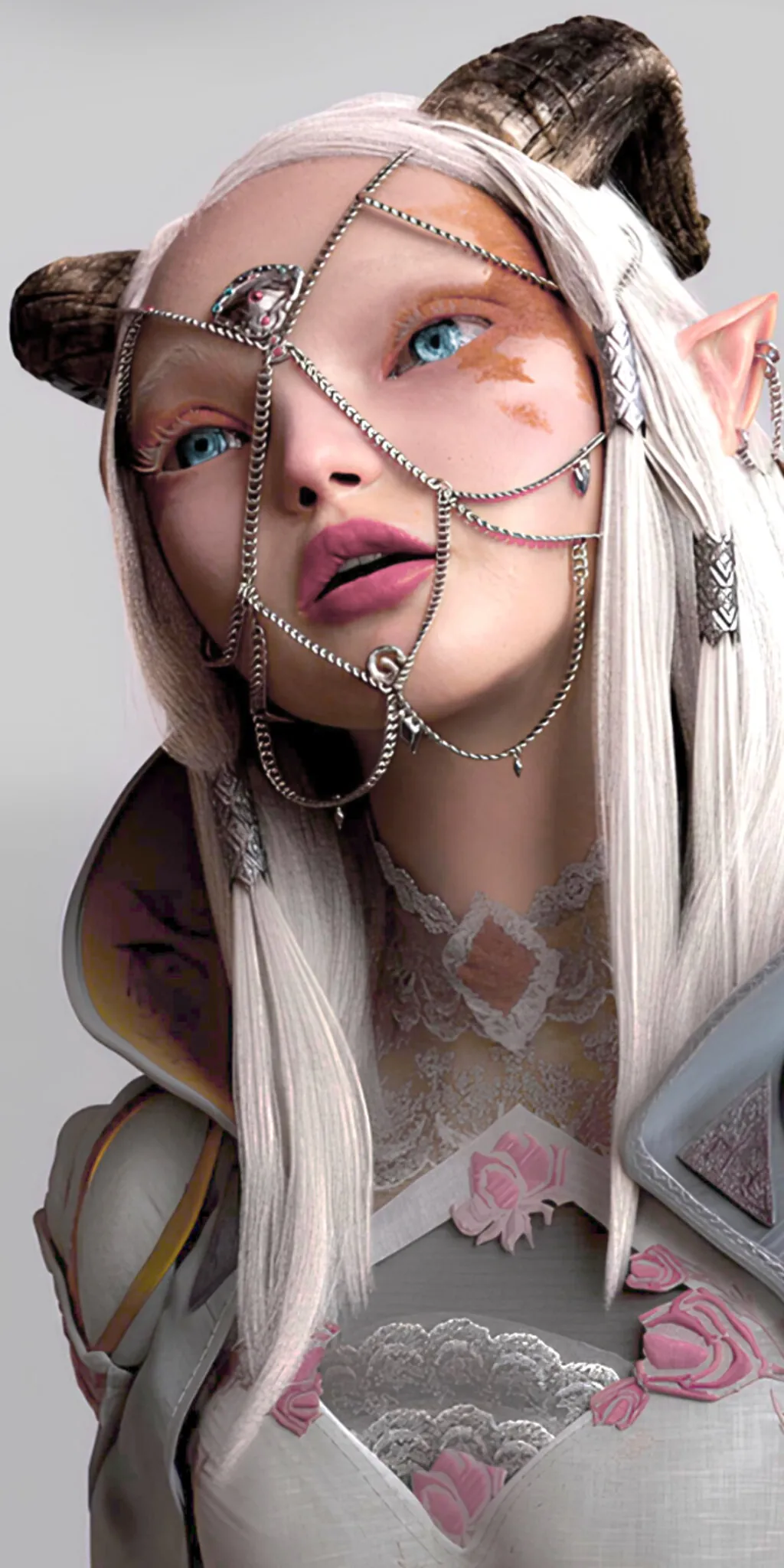 3D-Charakter einer eleganten, elfengleichen Frau mit Hörnern, weißem Haar und filigranem Silberschmuck.