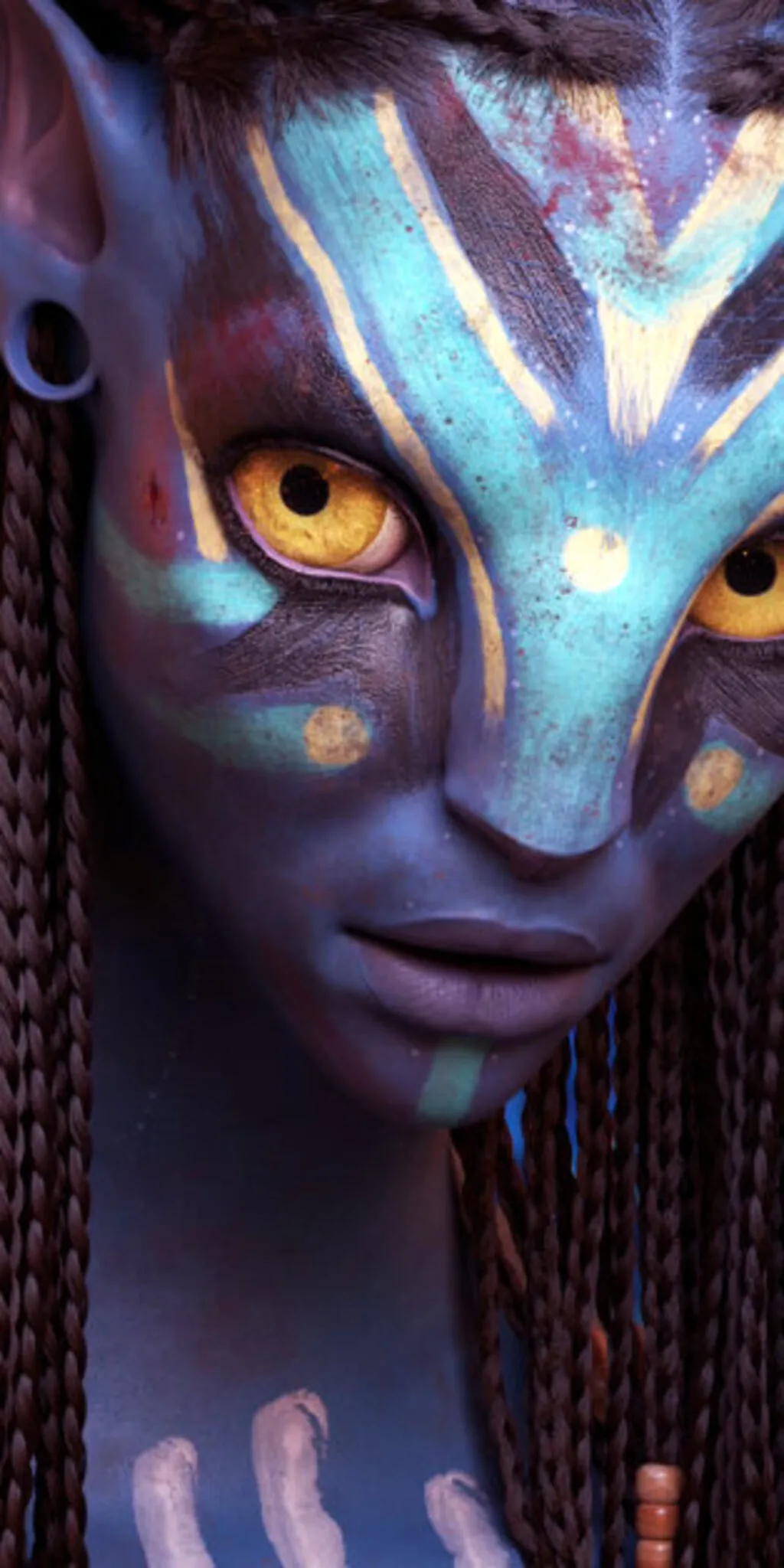 Ein detailreiches 3D-Porträt eines fiktiven humanoiden Wesens mit blauer Haut, geflochtenen Haaren und gelben Augen, inspiriert von der Welt von Avatar.