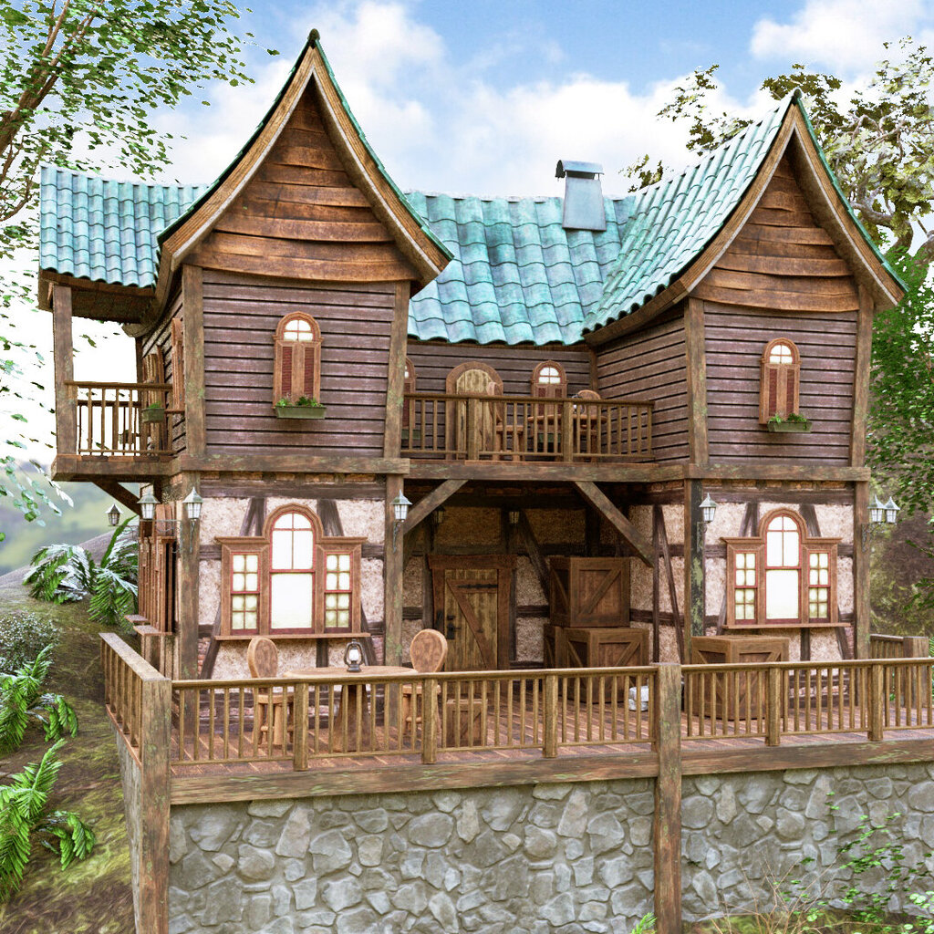 Ein zweistöckiges Fachwerkhaus mit verwittertem Holz und türkisgrünem Ziegeldach, eingebettet in eine bewaldete Hügellandschaft. Die Fassade ist mit Sprossenfenstern und rustikalen Holzbalken versehen. Zwei geschwungene Giebel rahmen das Dach, dazwischen ein kleiner Balkon mit Holzmöbeln. Das Haus steht auf einem gemauerten Steinsockel mit großzügiger umlaufender Holzterrasse. Üppige Vegetation und kurvige Bäume umgeben das Gebäude.