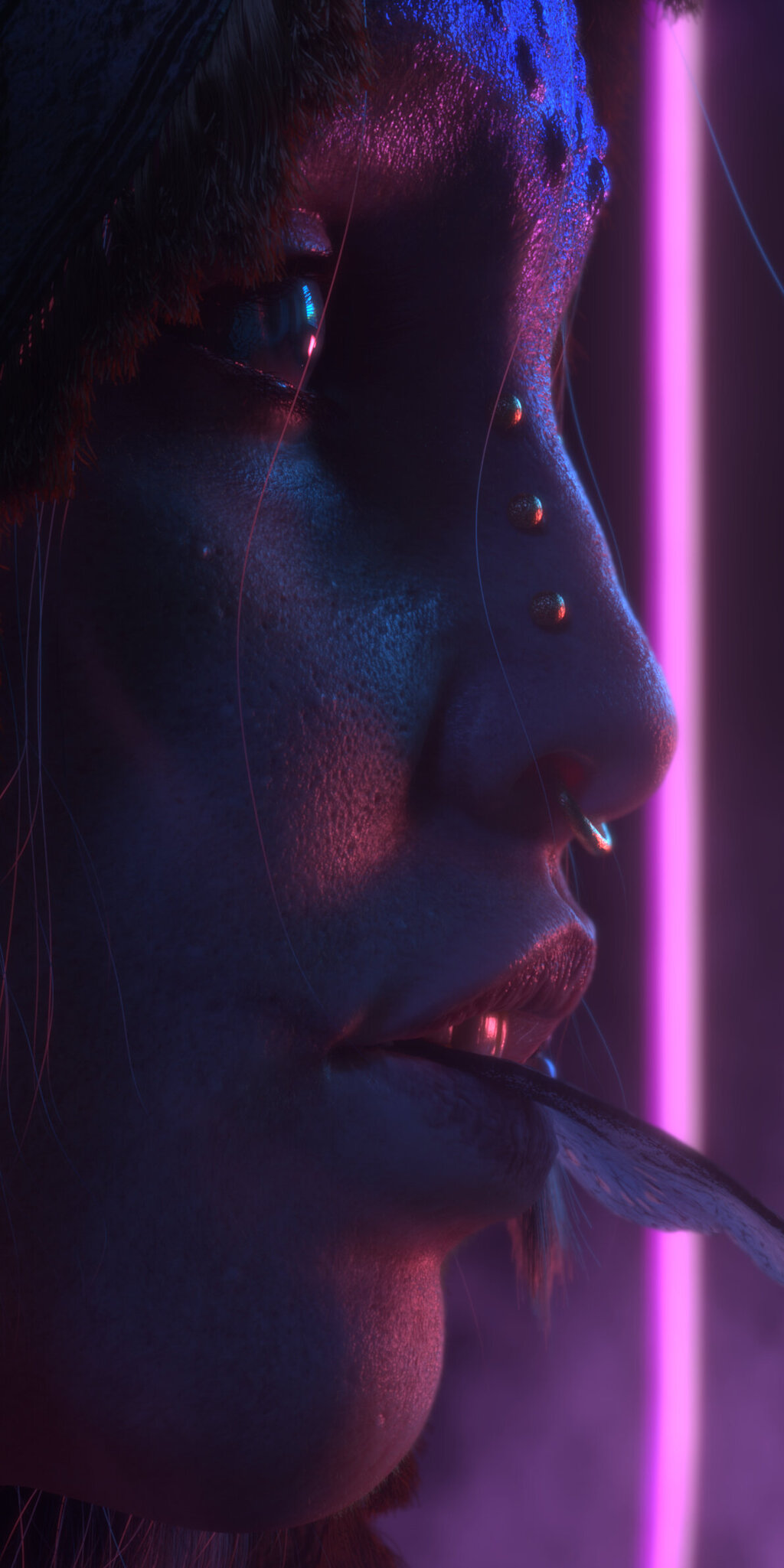 A CGI character in profile stands in front of glowing neon lights, with shimmering skin, multiple facial piercings, and a butterfly held in her mouth.