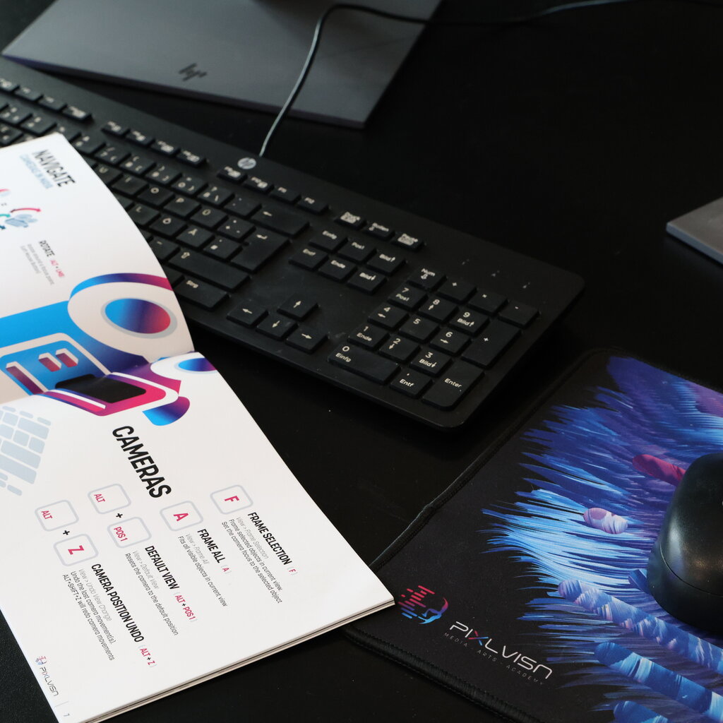 Nahaufnahme eines Arbeitsplatzes mit HP-Tastatur, PIXL VISN-Mousepad, Maus und einem offenen Booklet mit farbenfrohen Kamera-Navigationstipps.