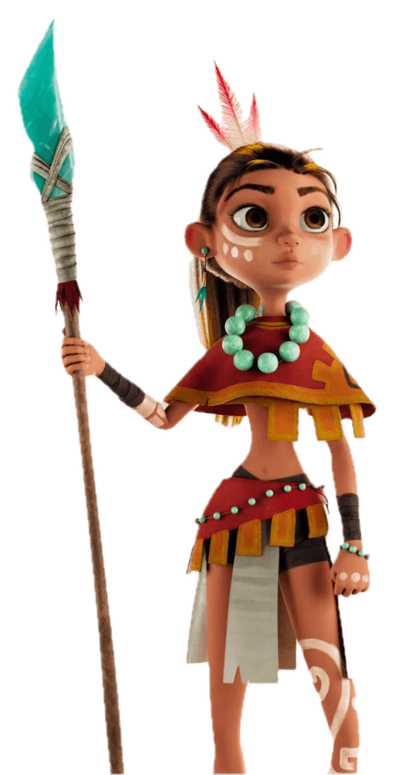 Stilisierte 3D-Figur eines Mädchens mit Federn im Haar und Speer mit türkisem Kristall, Studentenarbeit aus der 3D Animation & VFX Ausbildung.