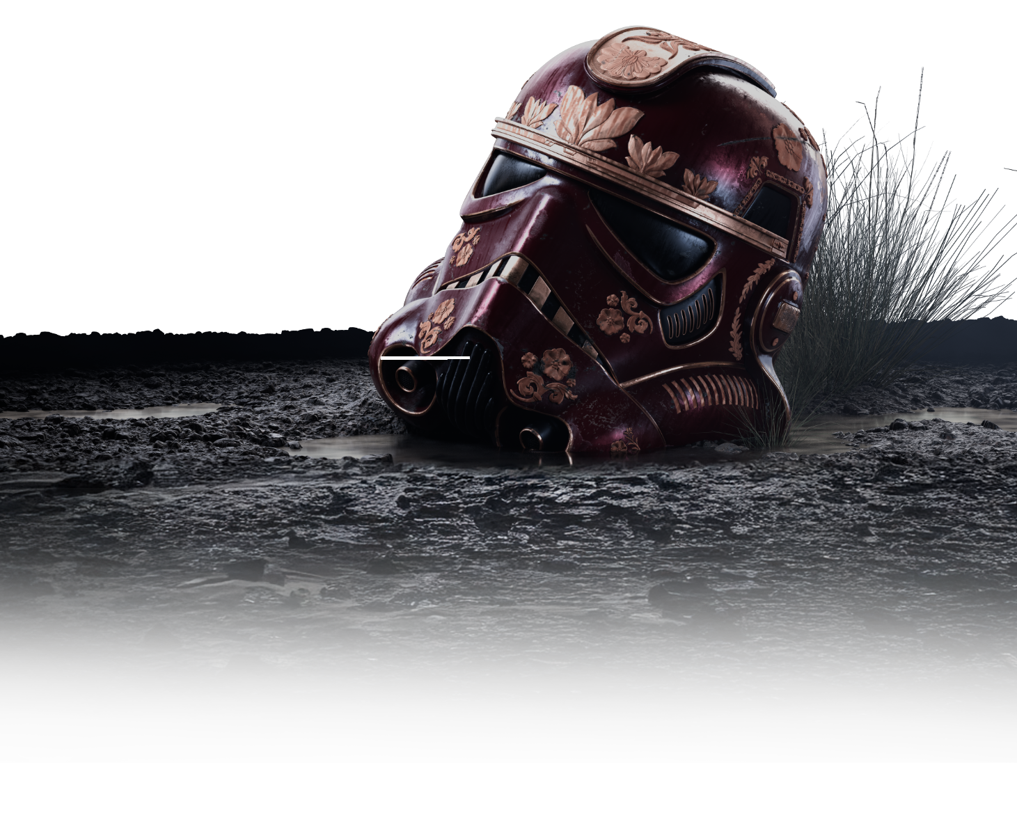 A dark red stormtrooper helmet adorned with floral patterns lies half-submerged in muddy ground, next to a tuft of grass; the image has a dramatic and moody look with high contrast against the black background.