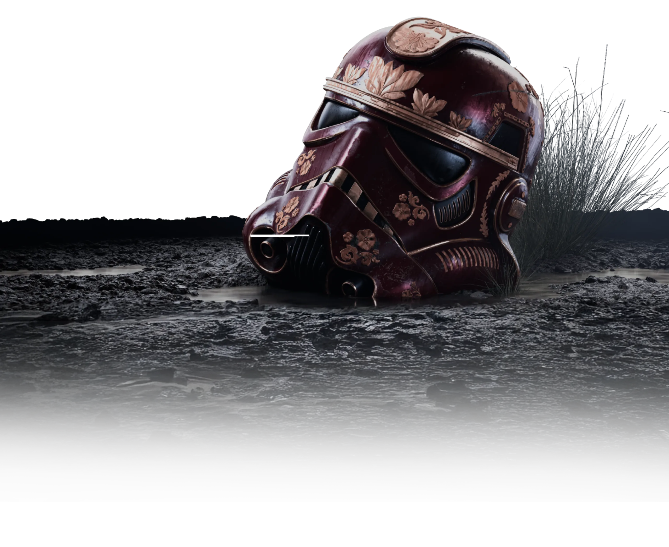 Photorealistic 3D rendering of a samurai-style helmet inspired by the Star Wars stormtrooper design — student work