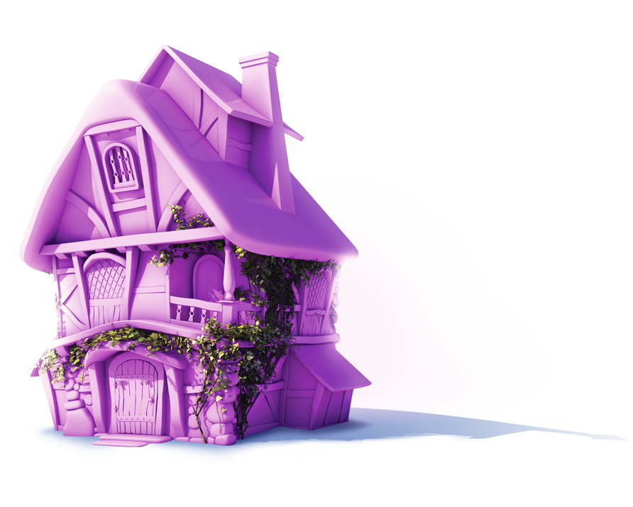 Ein stilisiertes, märchenhaftes Hausmodell in leuchtendem Violett, mit verschnörkelten Fenstern und bewachsener Fassade aus Ranken und Blättern; das Modell ist plastisch beleuchtet und wirft einen sanften blauen Schatten auf den hellen Hintergrund.