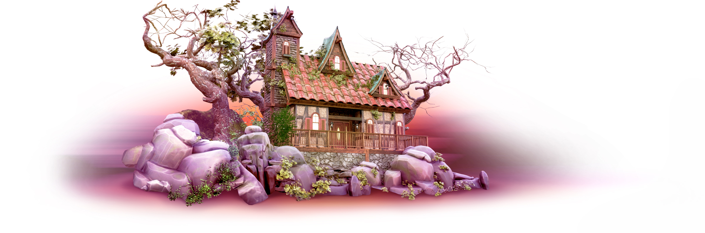 3D-Modell eines märchenhaften Hauses mit rotem Ziegeldach, umgeben von großen rosa-violetten Felsen und knorrigen Bäumen mit spärlichem Laub, vor einem weißen Hintergrund mit rosafarbenem Farbverlauf.