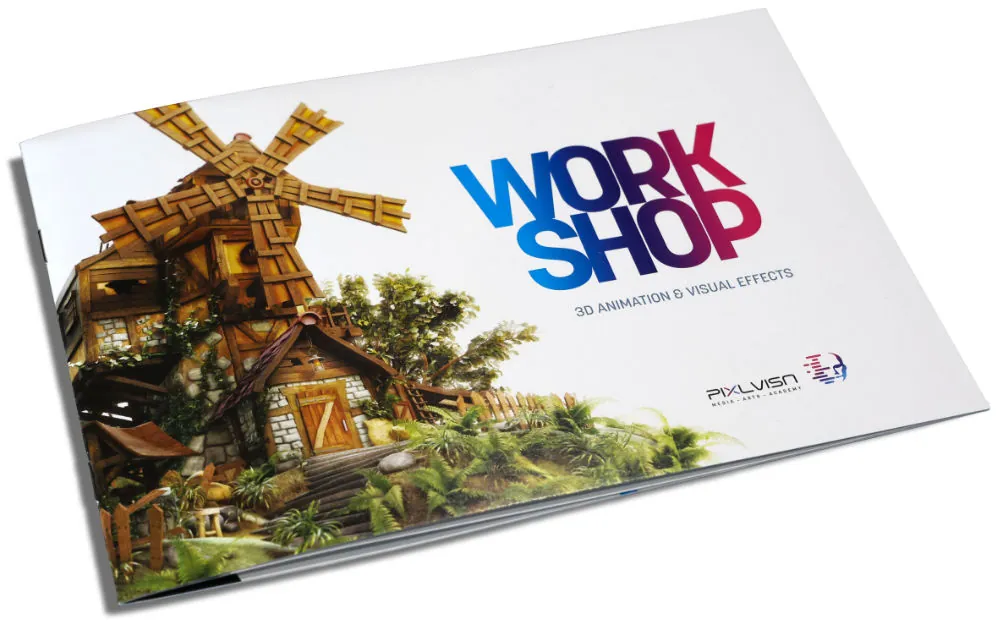 Printed 3D animation & VFX workshop brochure with a 3D windmill scene on the cover