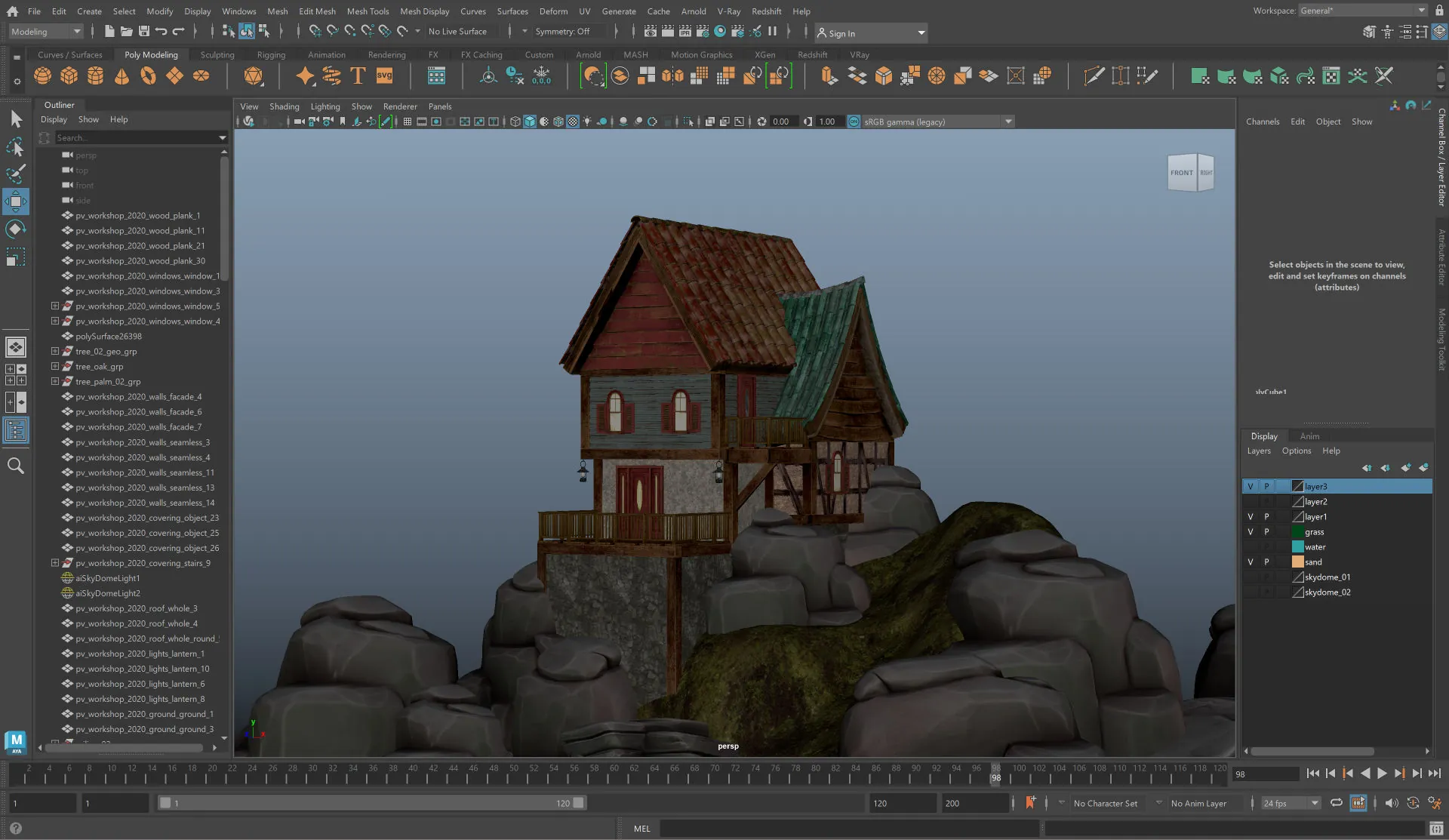 3D model of a house in Autodesk Maya, surrounded by rocks and moss on a hill, with a neutral blue background and textures enabled.