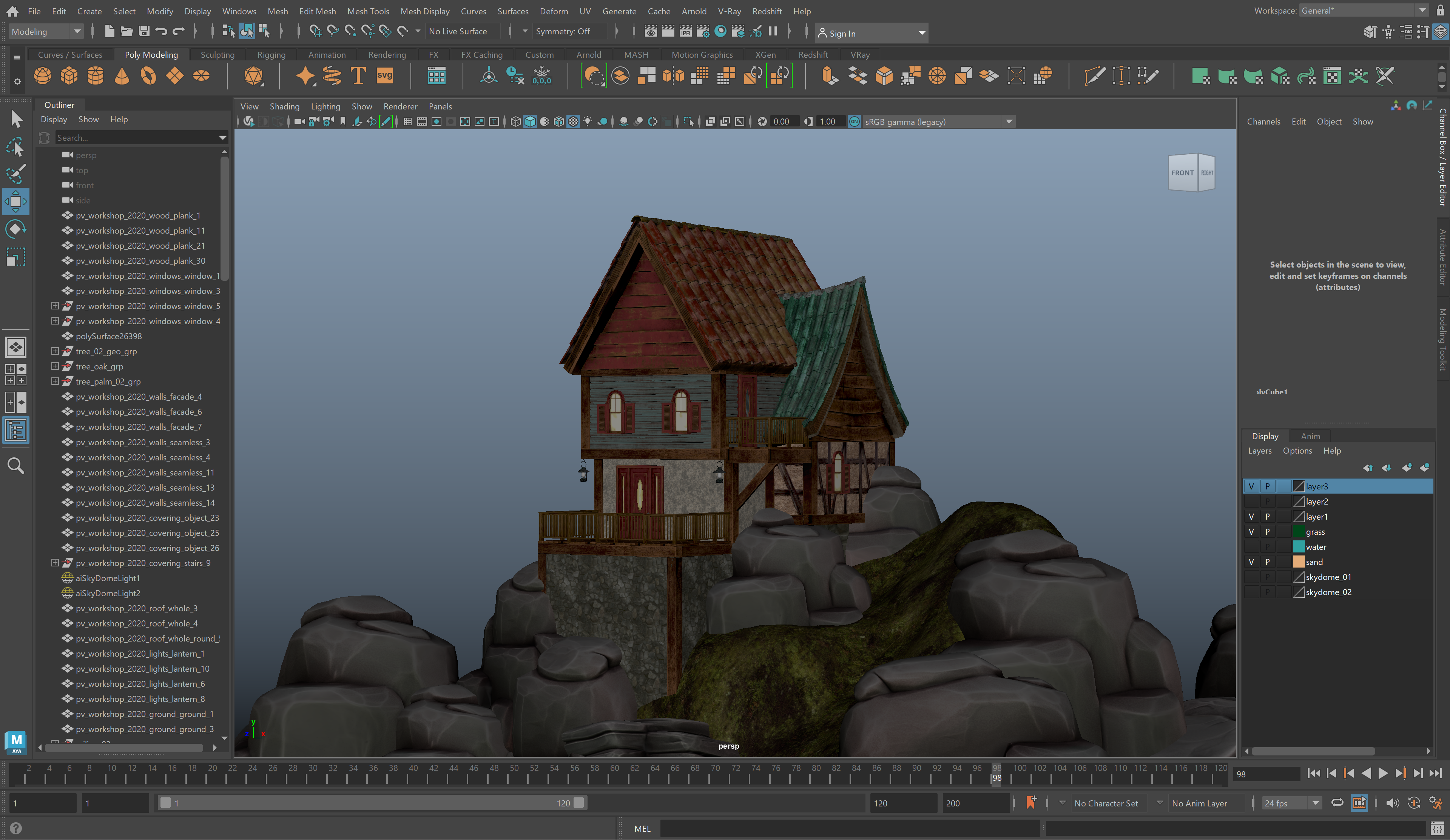 3D-Modell eines Hauses in Autodesk Maya, umgeben von Felsen und Moos auf einem Hügel, mit neutralem blauen Hintergrund und aktivierten Texturen.