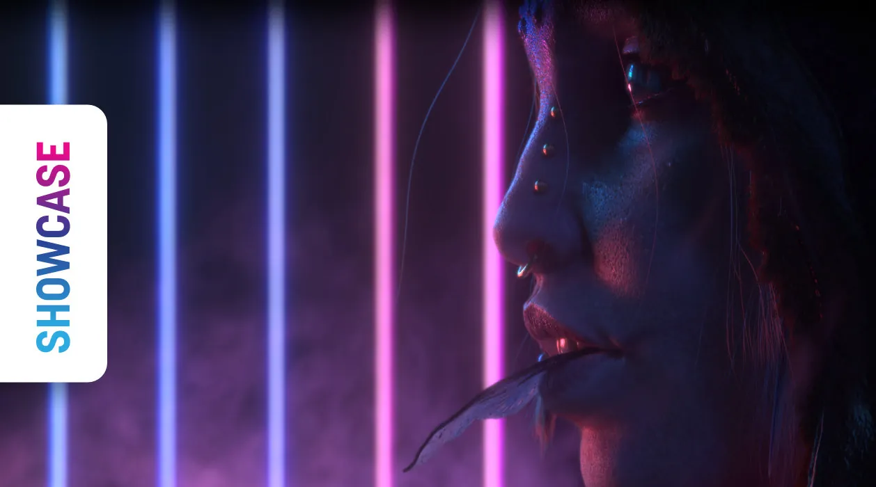 Headerbild: 3D-Porträt einer Frau in Neonlicht