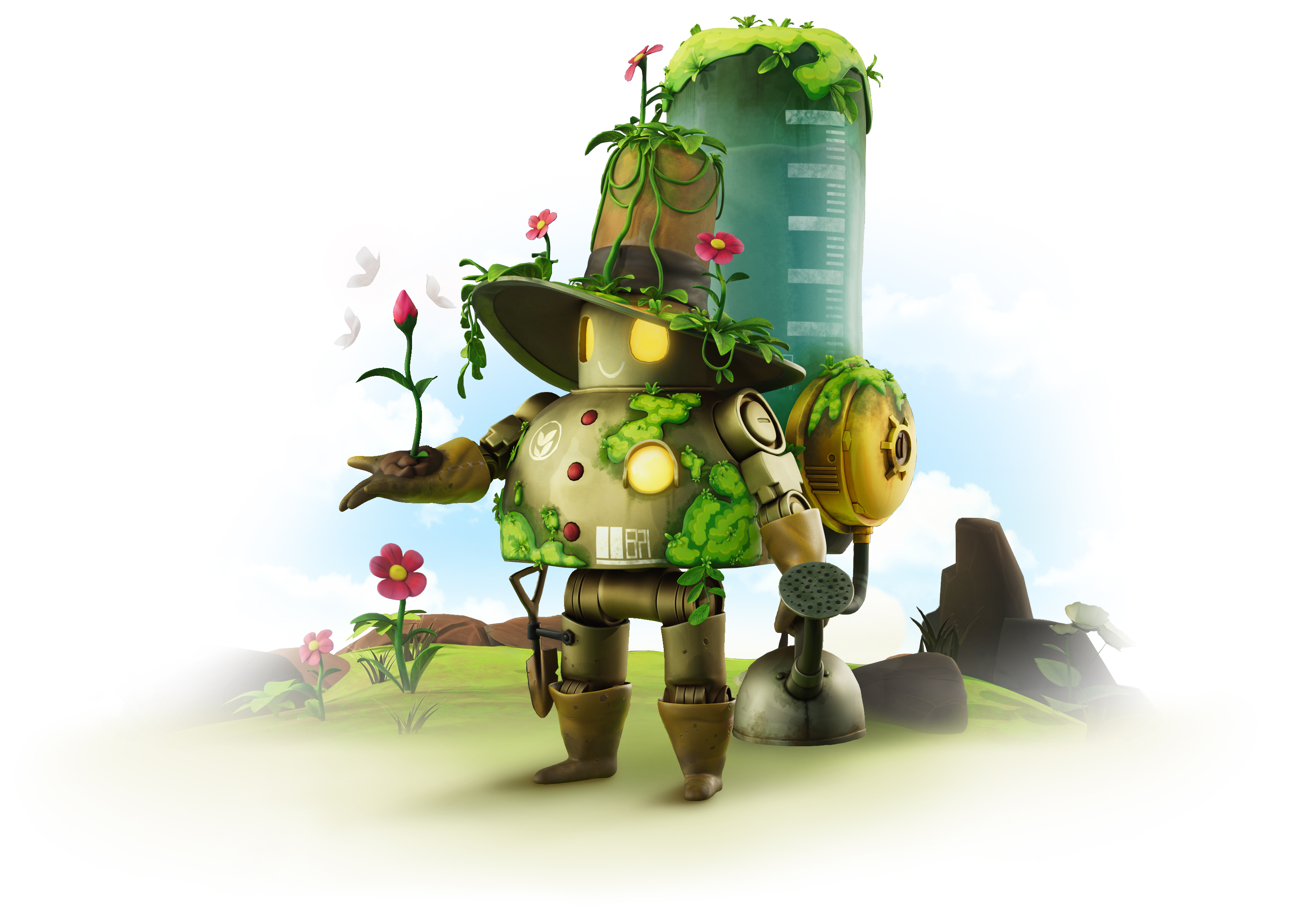 Niedlich gestalteter, 3D-gerenderter Roboter mit Pflanzenbewuchs, einem großen Hut mit Blumen und einer Gießkanne, der in einer natürlichen Umgebung eine Knospe in der Hand hält.