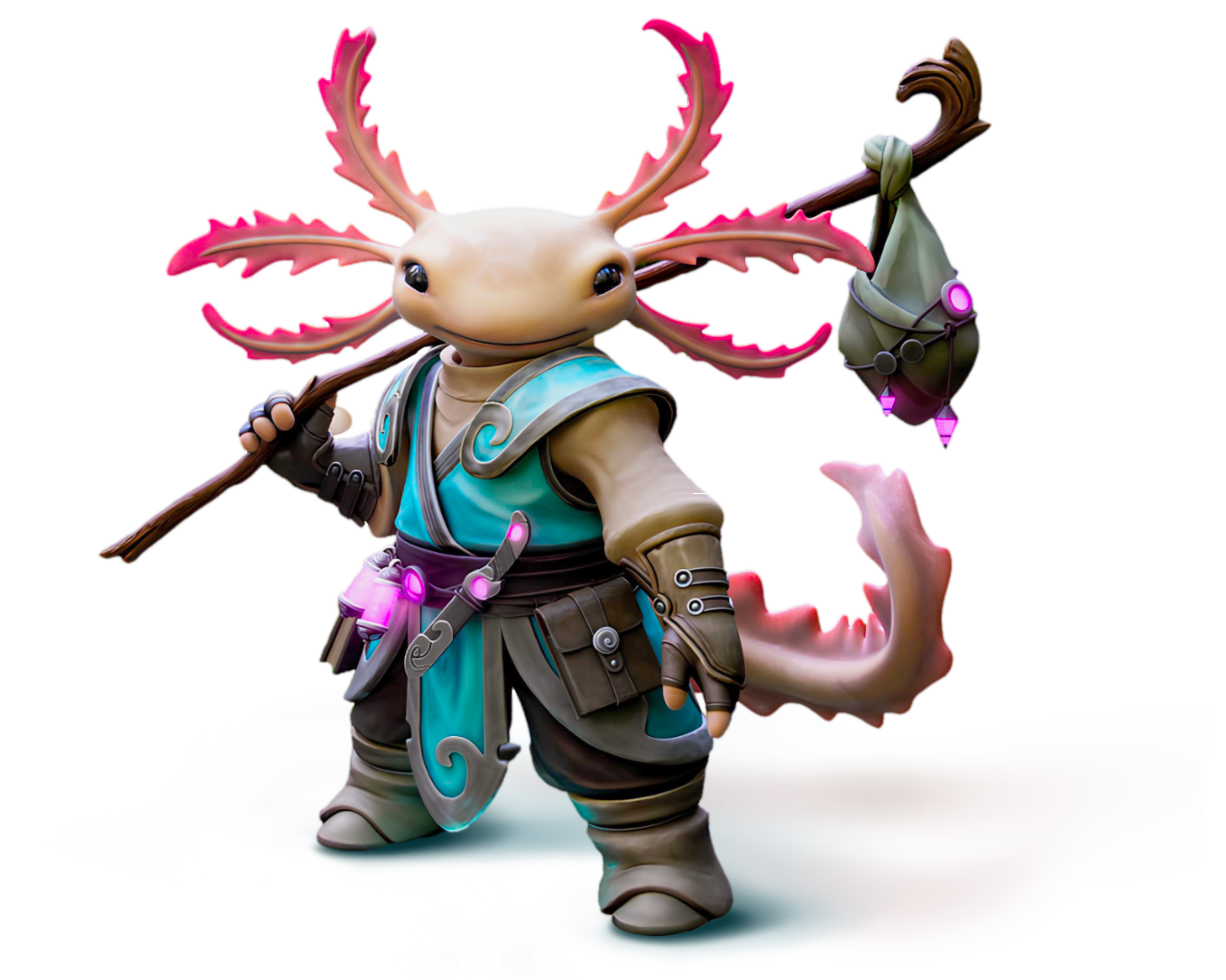 3D-gerendertes Fantasy-Wesen in Form eines aufrecht stehenden Axolotls mit pinken Kiemenästen, der ein blaues Kampfgewand trägt und einen Wanderstab mit Kristallen und Beutel über der Schulter hält.