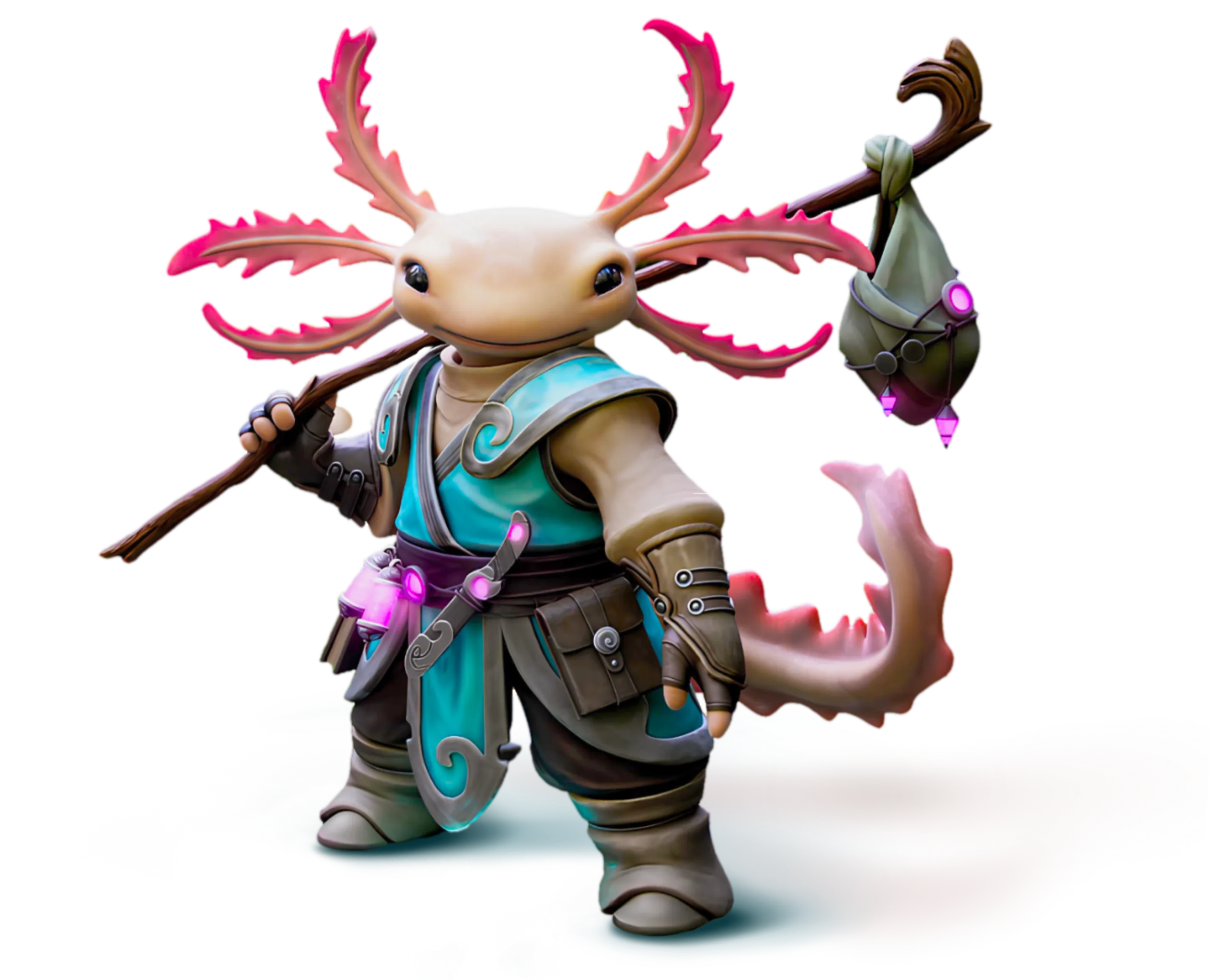 3D-gerendertes Fantasy-Wesen in Form eines aufrecht stehenden Axolotls mit pinken Kiemenästen, der ein blaues Kampfgewand trägt und einen Wanderstab mit Kristallen und Beutel über der Schulter hält.