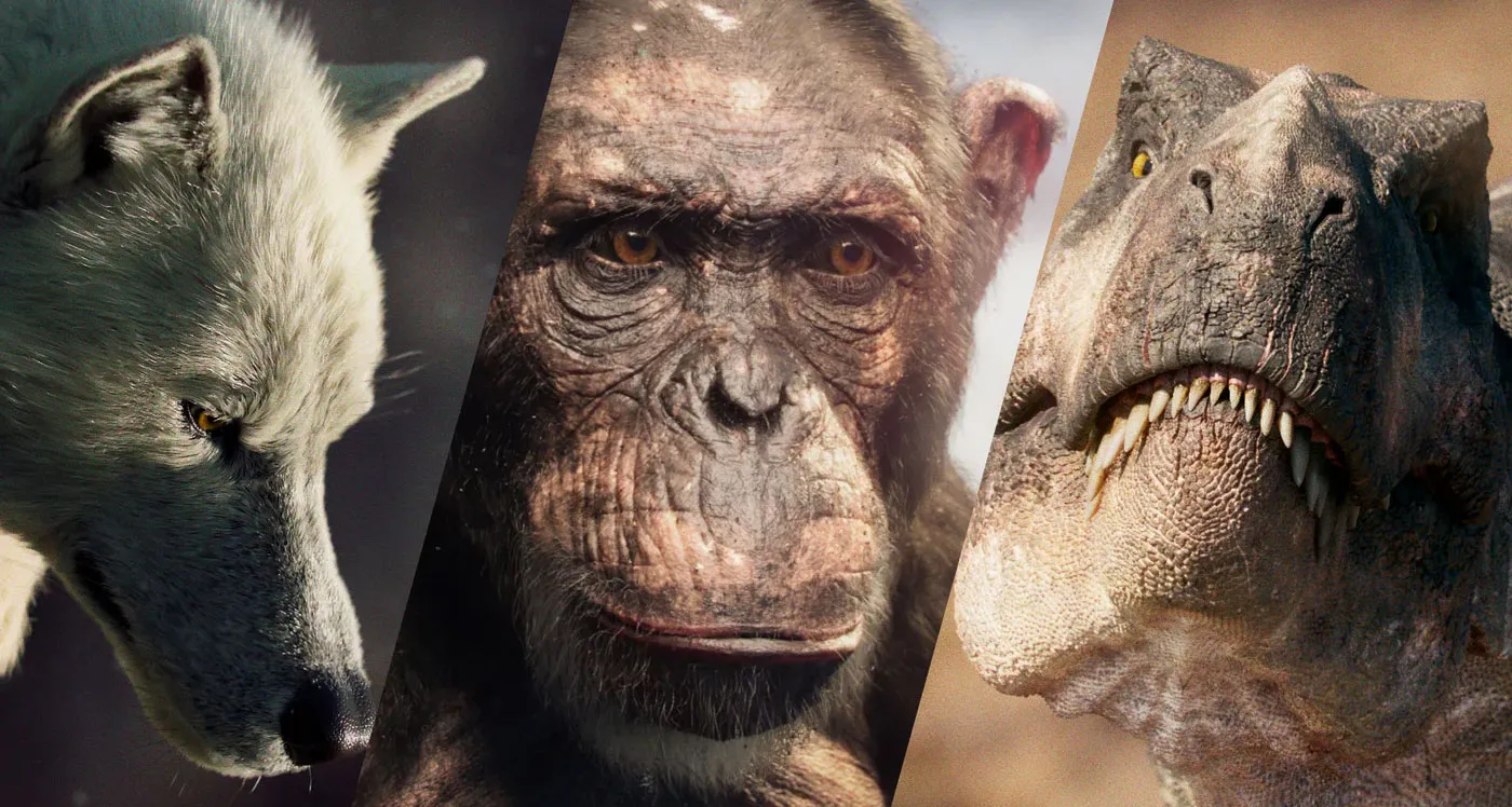 Arctic wolf, chimpanzee, and T-Rex by Anton Fischer