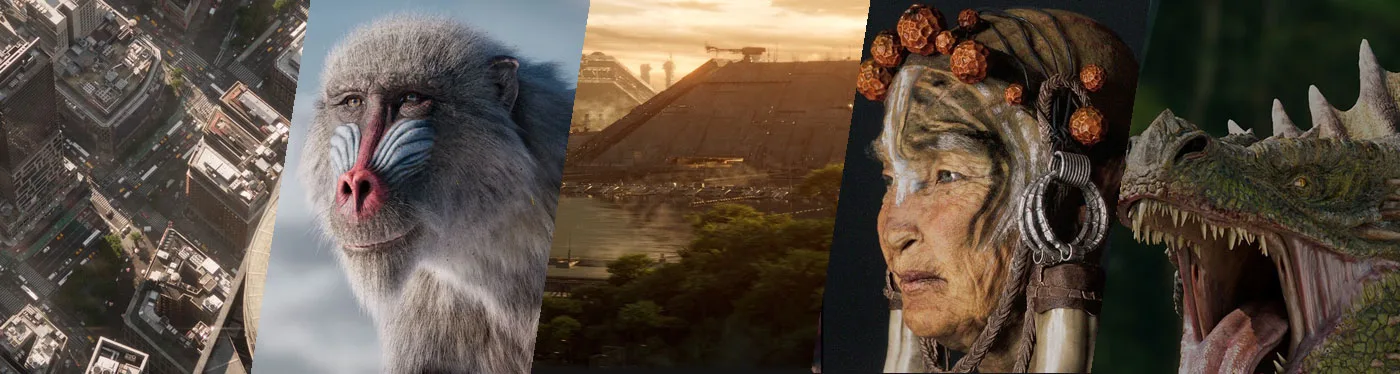 Studentenarbeiten: Rush Hour und Water Facility von Peter Stumpf, ein Mandrill von Sandro Hofbauer, ein Porträt von Ronja Stucken und ein Drache von Paco Arturo Abbate.