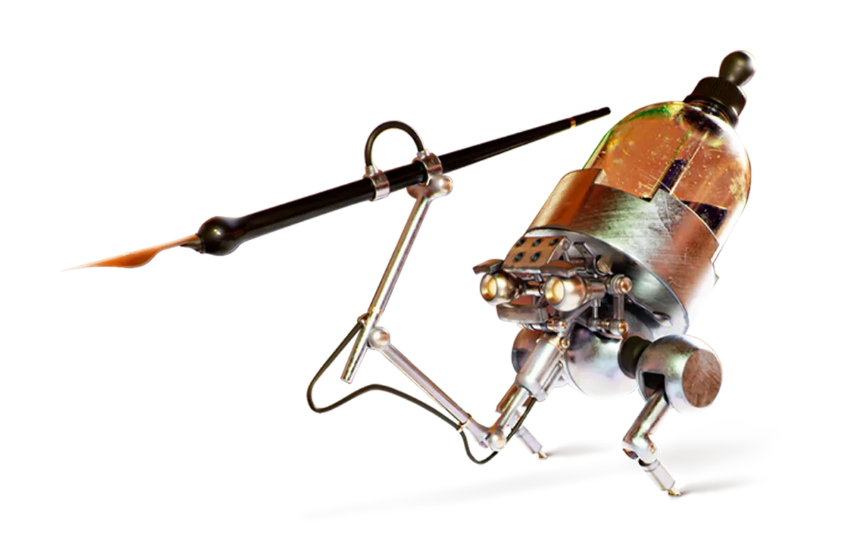 3D robot built from a fountain pen and ink bottle, holding a paintbrush