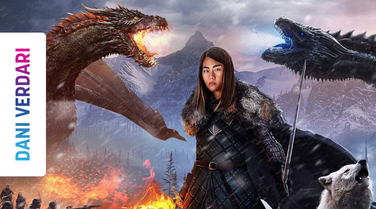 VFX-Komposition von Dani Verdari: Selbstporträt in einer Fantasy-Szene mit zwei Drachen
