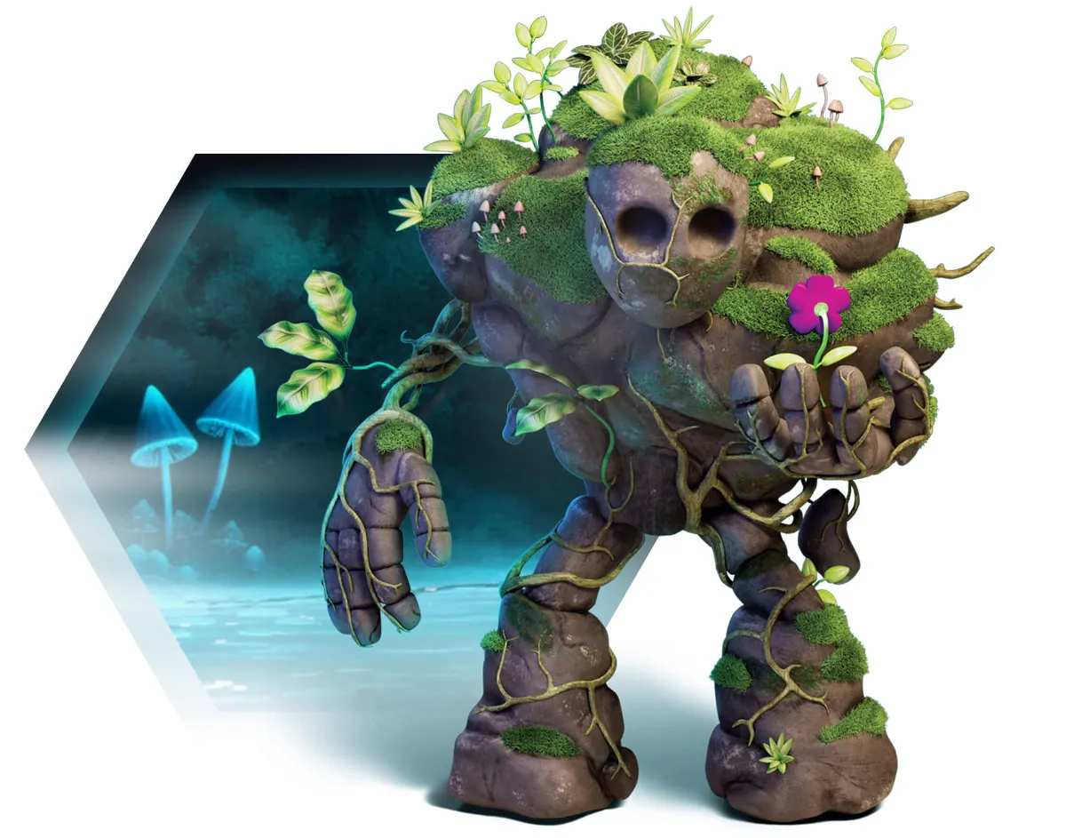 3D-Charakter: moosbewachsener Steingolem mit Blume in der Hand – Studentenarbeit