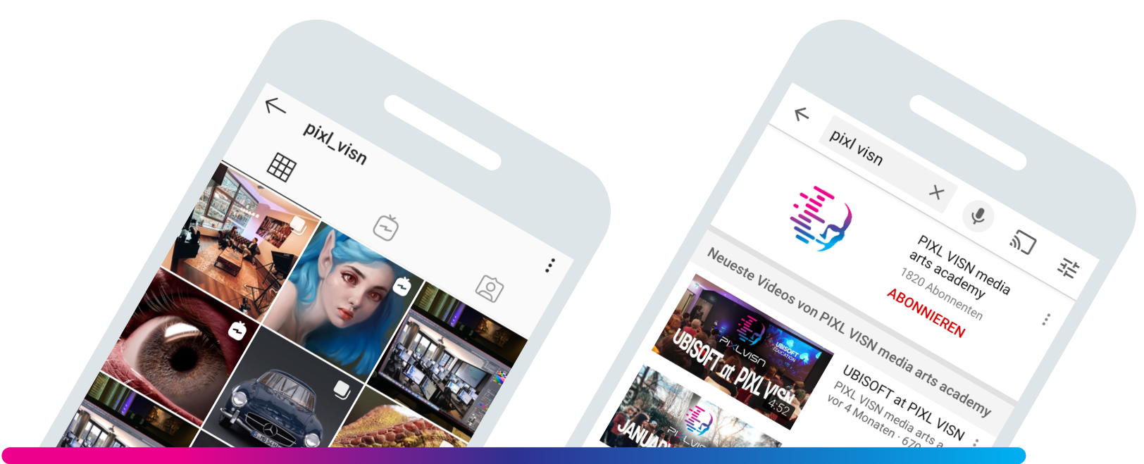 Graphic featuring two stylized smartphones displaying PIXL VISN’s social media channels: on the left the Instagram account with posts such as a digital portrait and a vintage car, on the right the YouTube channel with the PIXL VISN logo and video suggestions like “UBISOFT at PIXL VISN”.