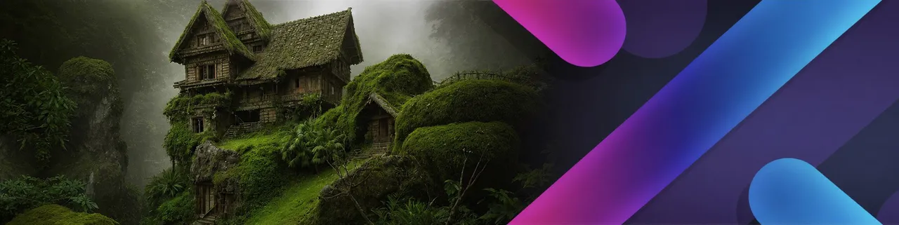 Overgrown fantasy house in a misty jungle next to purple gradient shapes – AI workshop hero banner