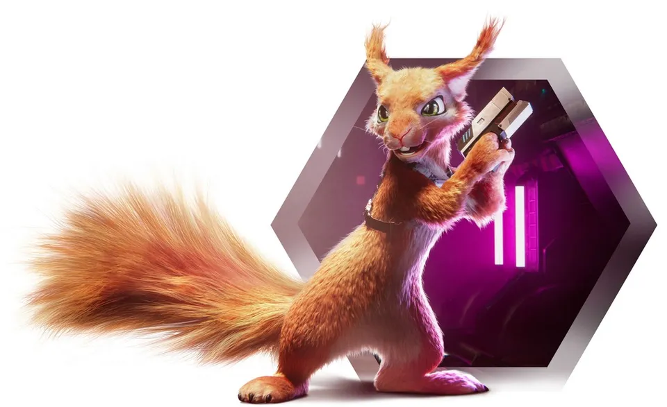 CG squirrel character Renate in front of a magenta hexagon backdrop – PIXL VISN student render